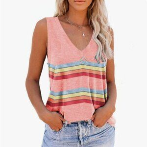 Saukole Women's V-neck Sleeveless Top Rainbow Stripes Pink Plus Size 1XL